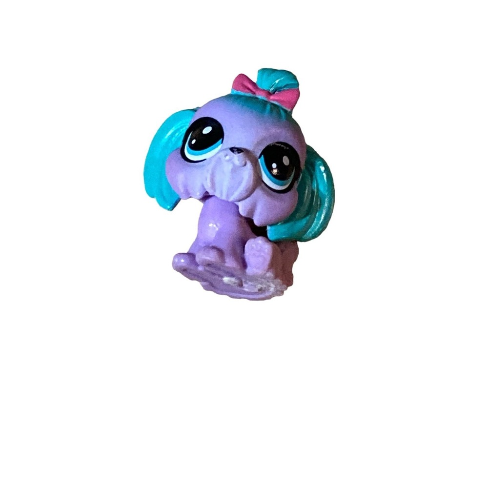 LPS Littlest Pet Shop Hasbro Figure Maltese Pink Bows Dog Purple Ears Blue